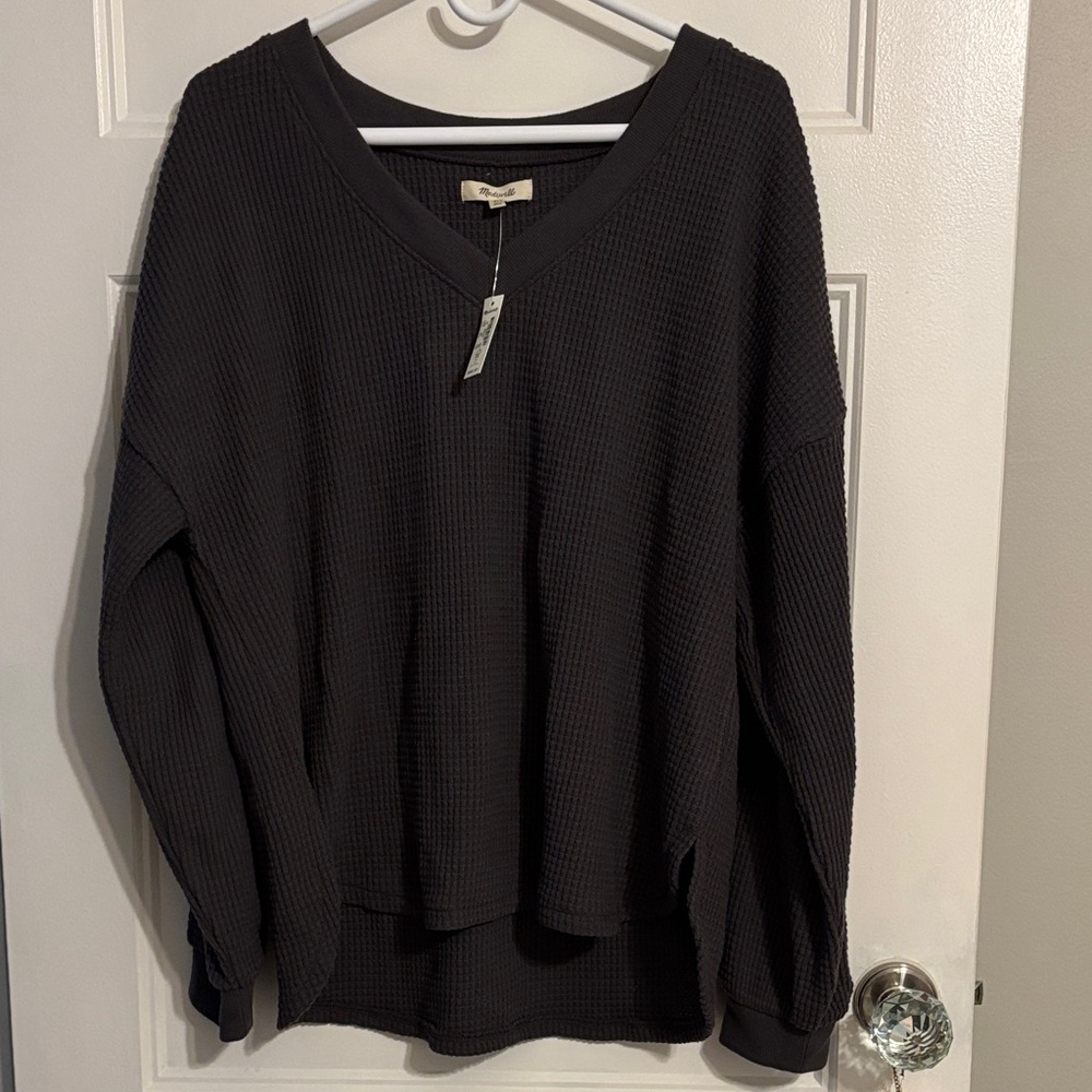 BNWT madewell waffle knit v-neck long sleeve sweater in coal - size XL